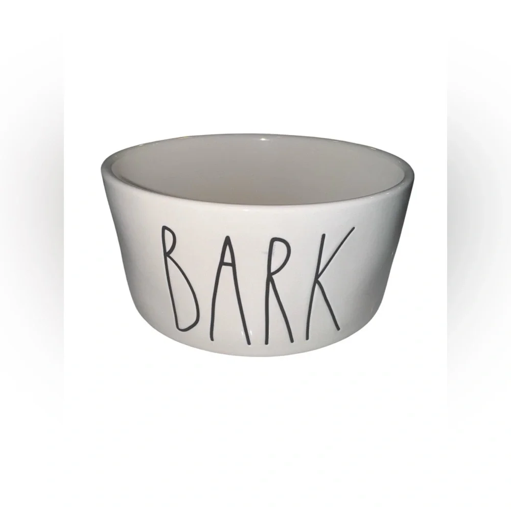 Rae Dunn White Dog Bowl with Black 'BARK' Text